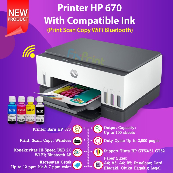 Printer HP Smart Tank 670 All in One Print Scan Copy WiFi Bluetooth