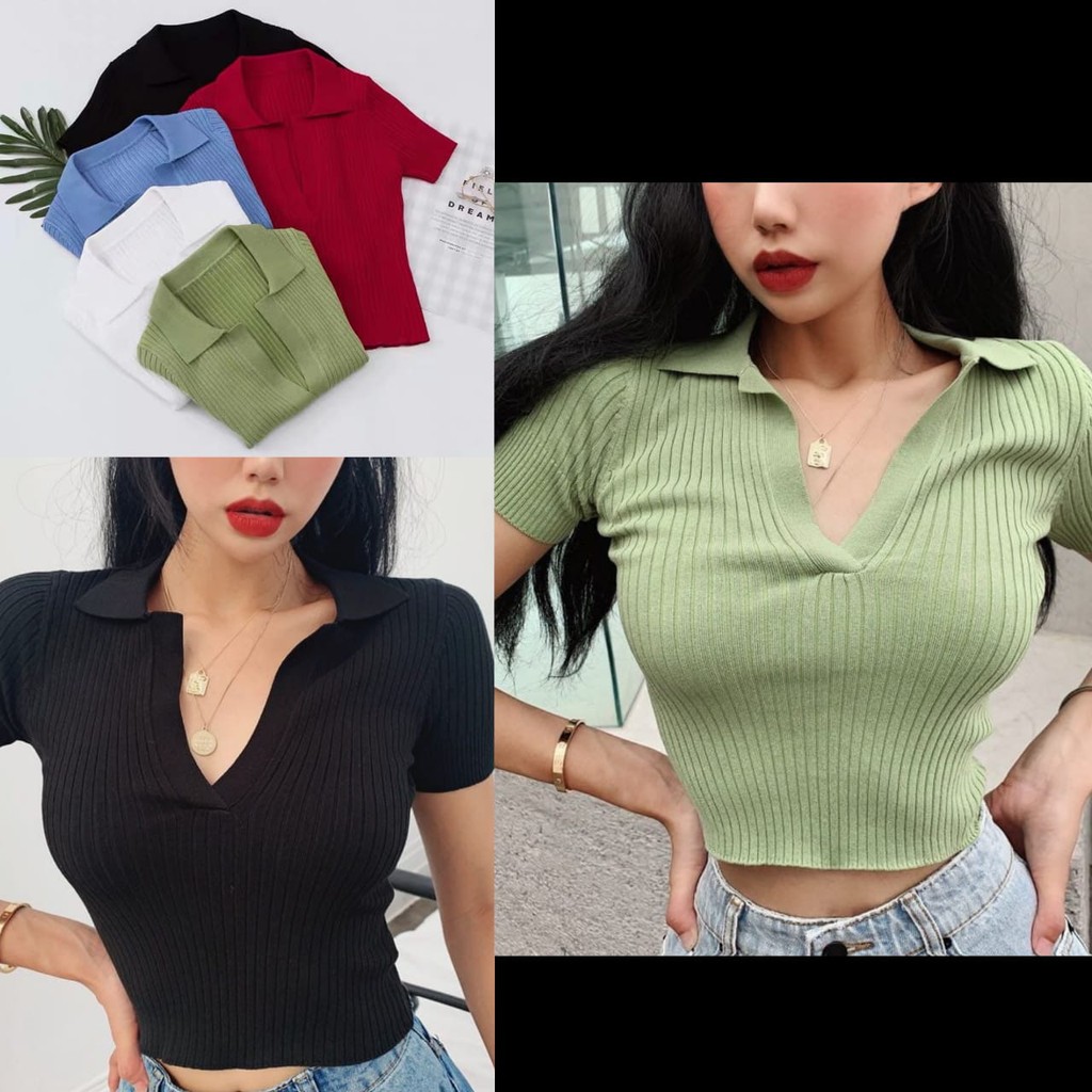 Korean Vneck Crop Top Blouse / Polo Shirt Atasan Wanita 2572