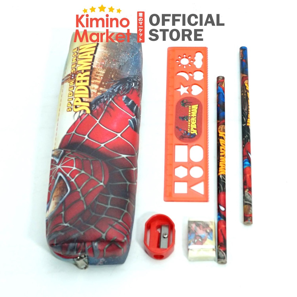 Alat Tulis Set Spiderman Merah Kotak Pensil Penggaris Crayon Pewarna Penghapus Peruncing Anak