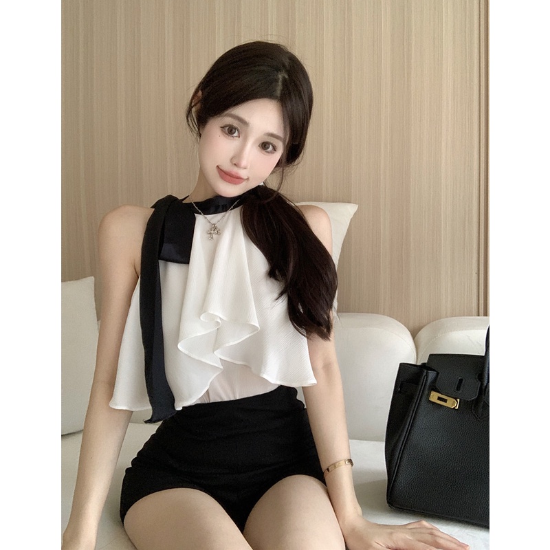 Kemeja Sifon Wanita Versi Korea Leher Bulat Renda Busur Tanpa Lengan Seksi Kemeja Musim Panas Fashion Longgar dan Tipis Top Trendi