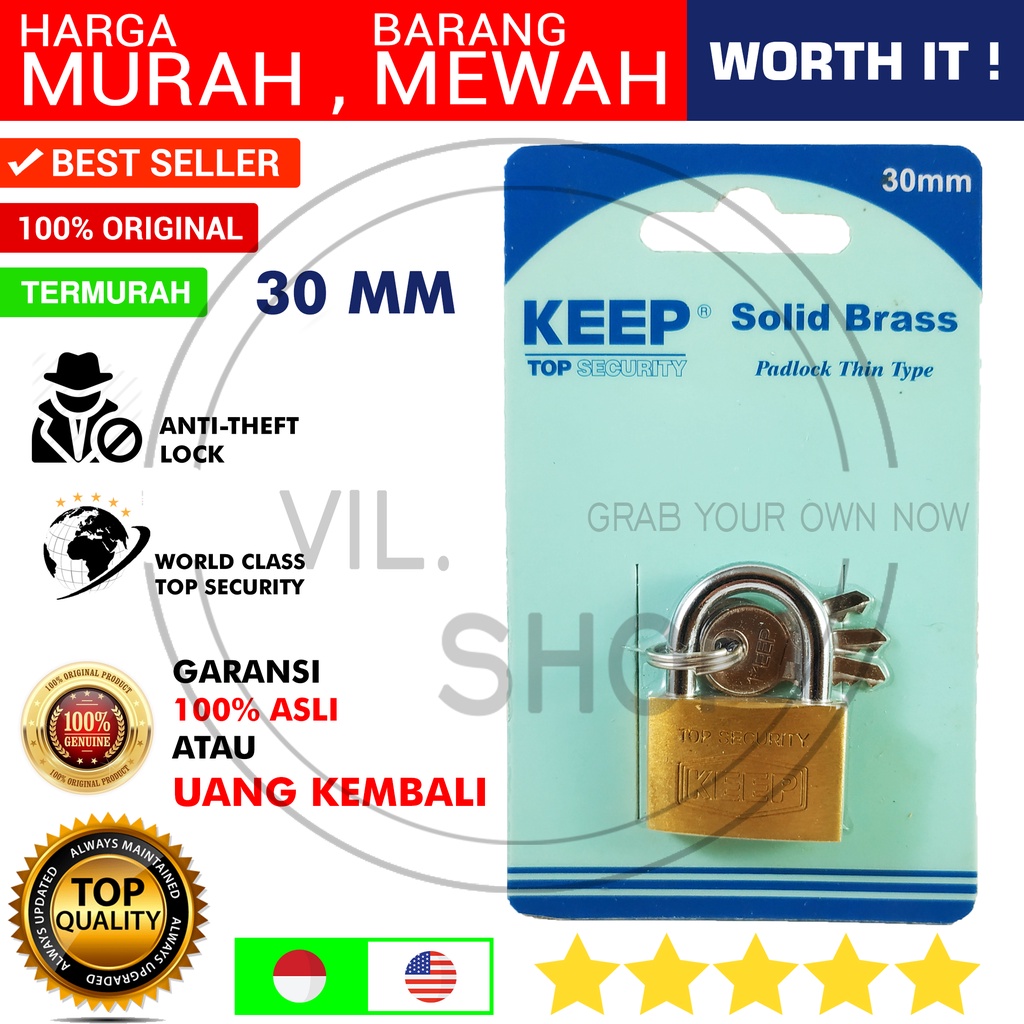 GEMBOK KEEP KUNINGAN ASLI PADLOCK 30 MM TAHAN ANTI MALING KUNCI GEMBOK KECIL LOKER PAGAR RUMAH