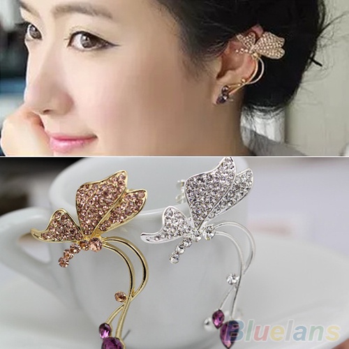 Hu Hu Hu Hu Hu Alat Bantu Pasang Kacamata♡ 1pc Anting Tusuk Model Kupu-Kupu Kristal Elegan Untuk Telinga Kiri Wanita