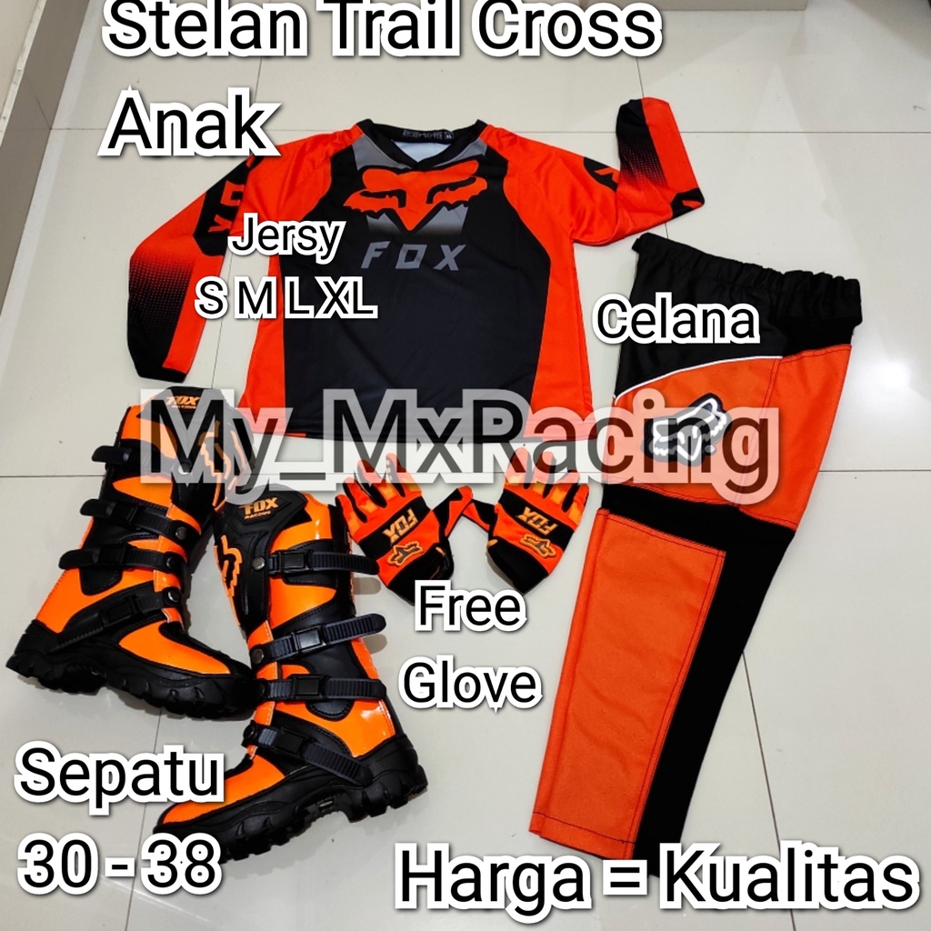 Promo !!Termurah Satu Sett buat anak Sepatu Cross  Jerset BISA PAKAI NAMA &amp; NOMOR Trail Glove buat Anak setelan offroad buat anak