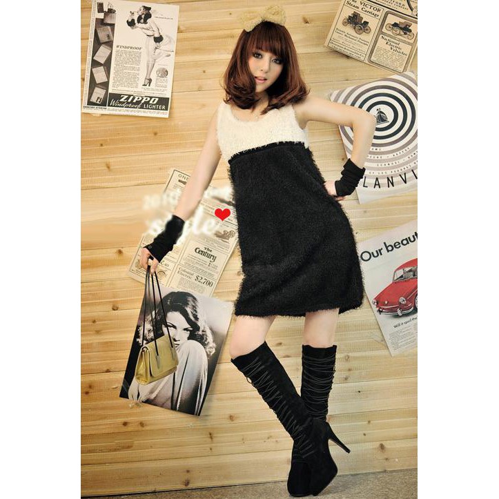 New Women's Stylish Black O-Neck Patchwork Above Knee A-Line Dress