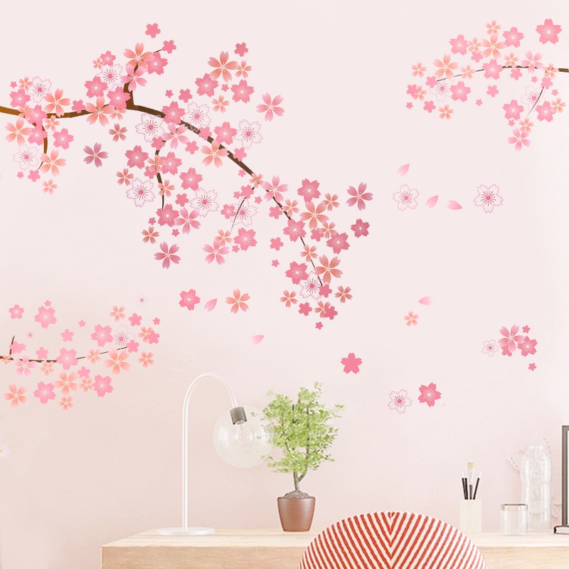 2 Pcs Stiker Dinding Motif Cabang Bunga Plum Warna Pink Untuk Latar Belakang Sofa Kamar Tidur