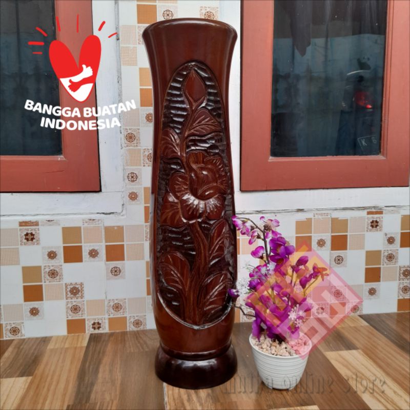 Guci vas bunga kayu jati model ukir ukiran 55 cm / kerajinan jepara
