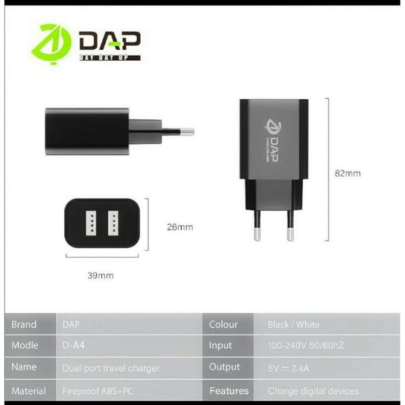 Adaptor Charger  DAP D-A4 2USB 2.4A PERPCS Batok Charger DAP 2USB Kepala Casan DAP D-A4 Fast Charging