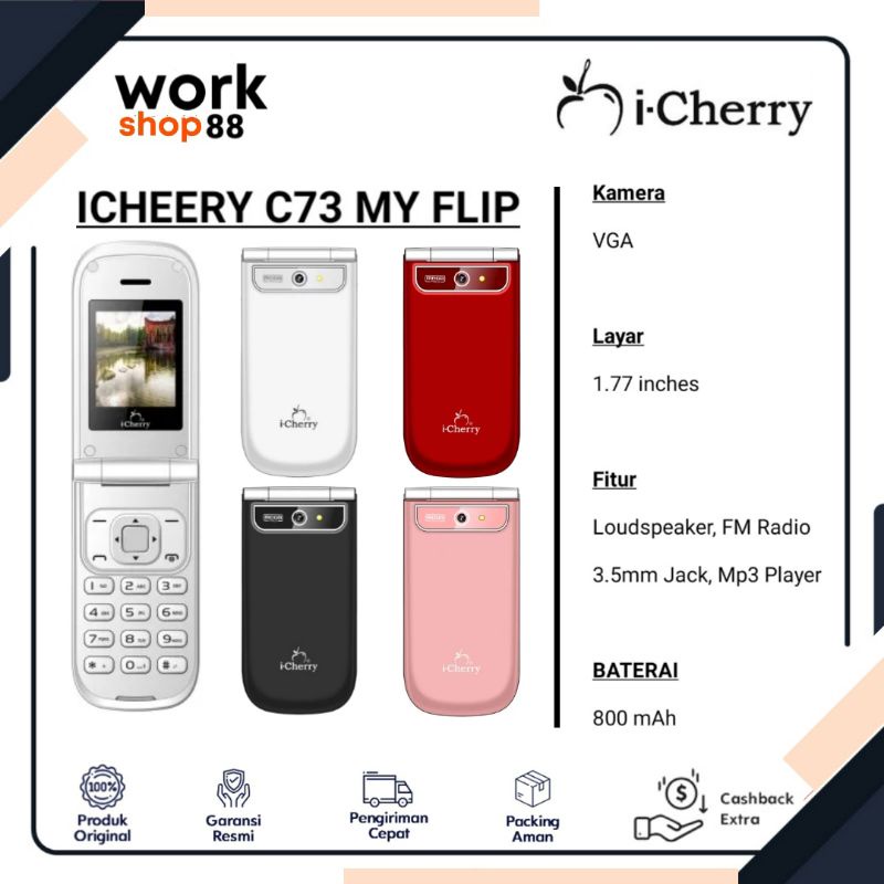 HP Baru Icheery C73 My Flip Lipat [ Dual SIM, Mp3 Player, Game, Bluetooth, Kamera ] - Warna Red White Black Pink Hitam putih merah - Garansi Resmi Original - Mirip Samsung E1272 - Promo Paling Murah Samsung Harga Lebay