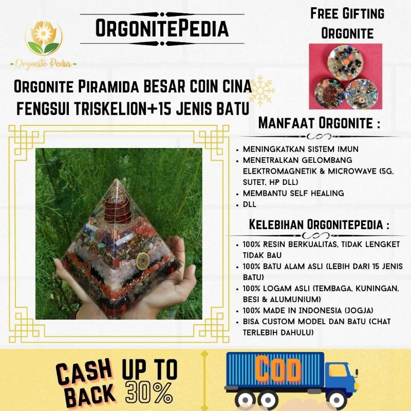 ORGONITE PIRAMIDA BESAR COIN CINA FENGSUI TRISKELION+15 JENIS BATU