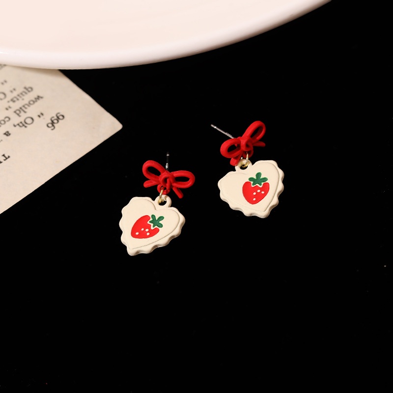 Sterling silver jarum cute Korea menyegarkan love strawberry busur manis anting-anting stud anting-a