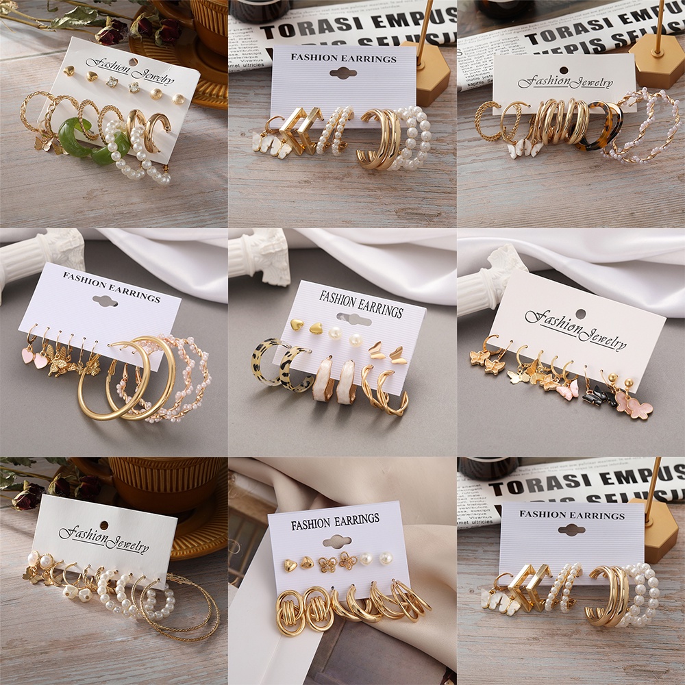 18pcs / Set Anting Hoop Hias Mutiara Berlian Bahan Alloy Untuk Wanita