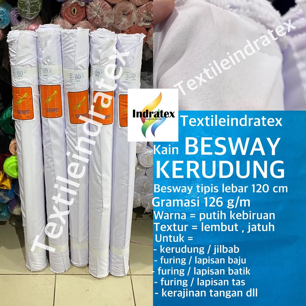 ( per 1 roll ) kain BSY BESWAY KERUDUNG besway tipis lebar 120 cm warna putih bahan hijab jilbab kerudung seragam sekolah furing lapisan baju gamis dekorasi kerajinan tangan hamper hampers