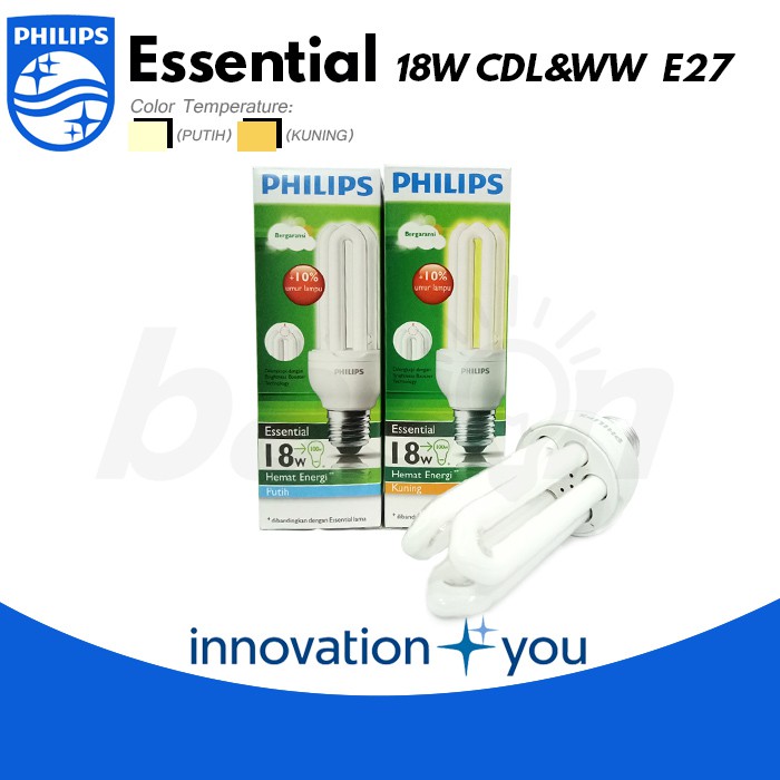 PHILIPS ESSENTIAL 18W E27 | Lampu Hemat Energi | Putih Atau Kuning