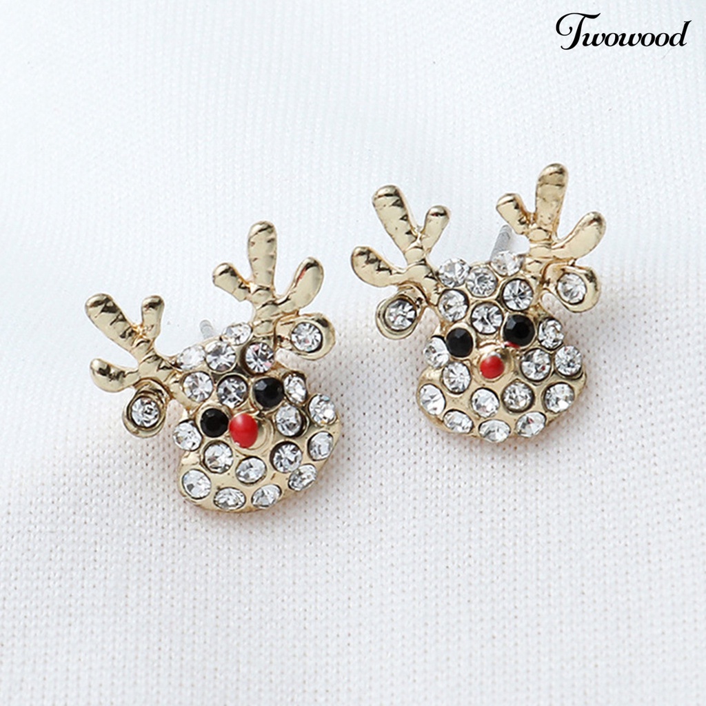 1 Pasang Anting Kait Bentuk Topi Natal Rusa Aksen Berlian Imitasi Bahan Alloy Untuk Wanita