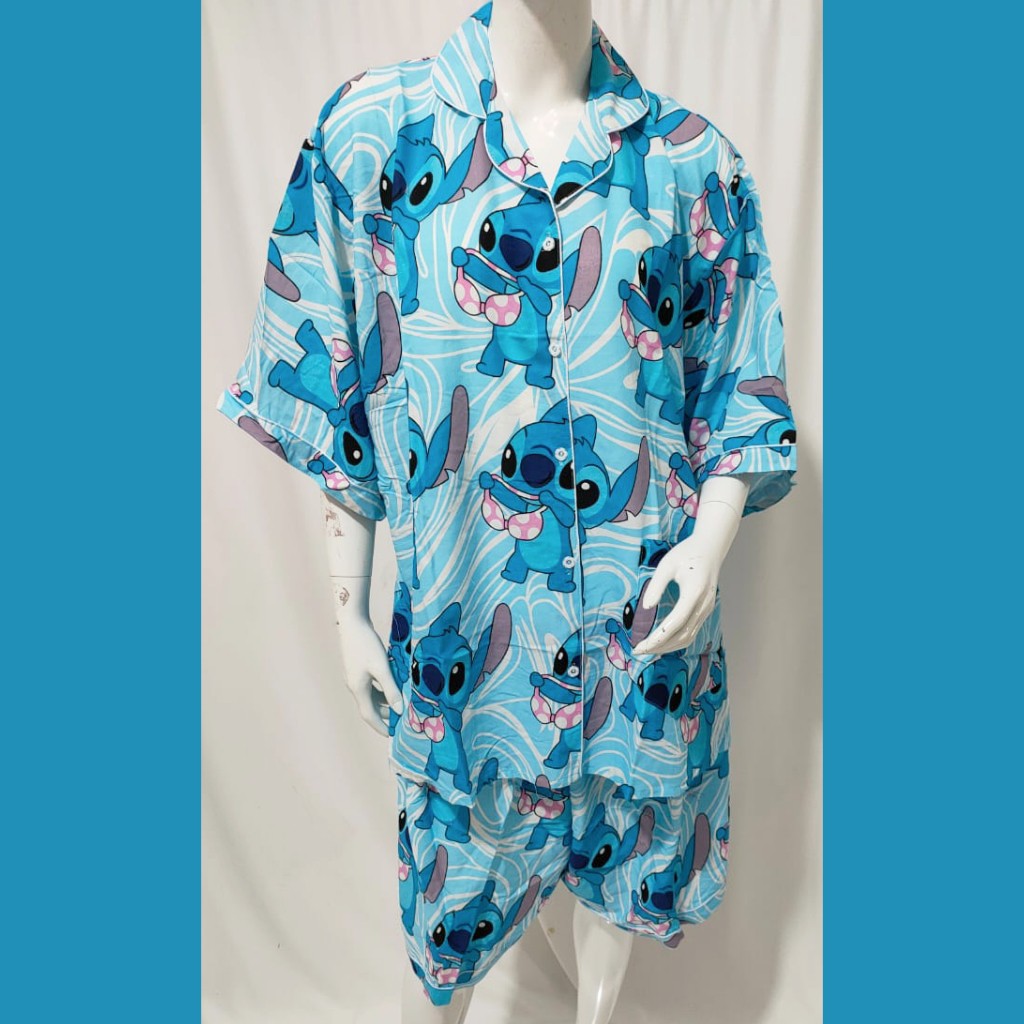 Piyama jumbo celana pendek/hotpant big size LD 130 / set baju tidur lengan pendek karakter cewek-HPJ/5L STIT BIRU