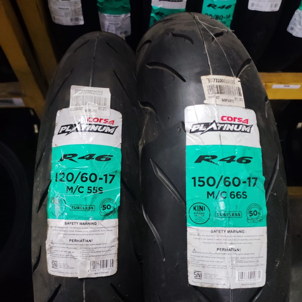 Paket ban motor sport Corsa R46 120 60 &amp; 150 60 17 platinum TUBELESS soft compound