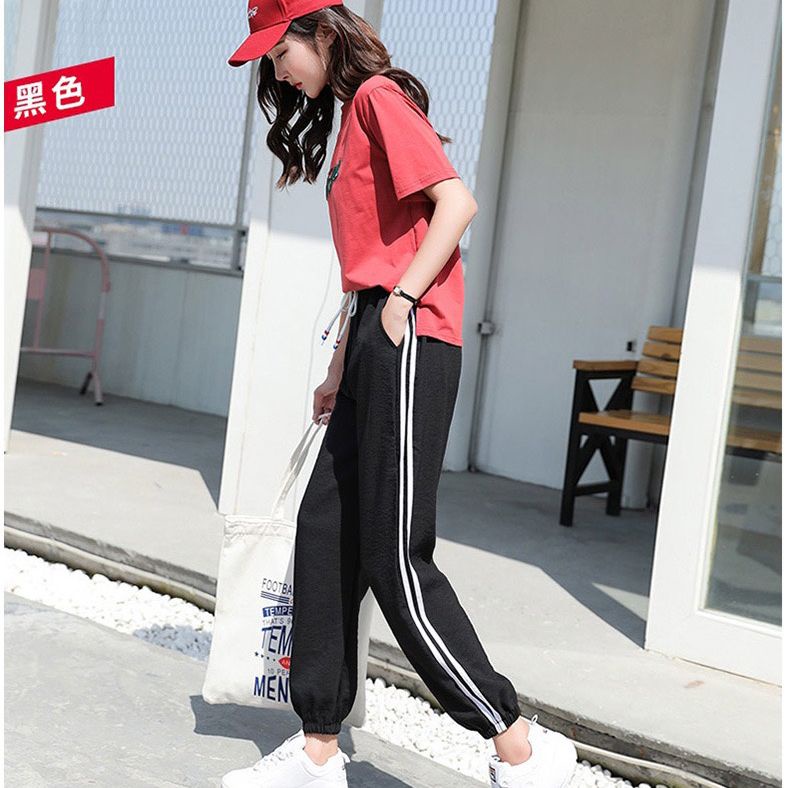 THISTLE - #JG04 Celana Jogger Wanita Motif Garis Putih Samping / Celana Panjang Wanita - IMPORT