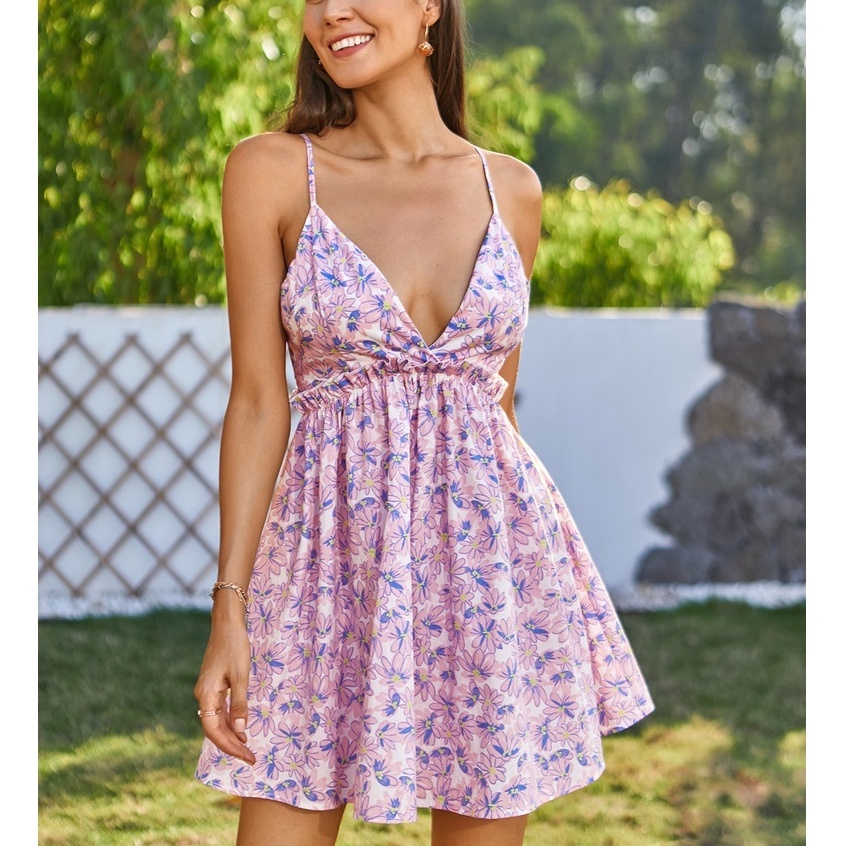 【Summer】 Frill Trim Allover Floral Print Sun Dress 7148
