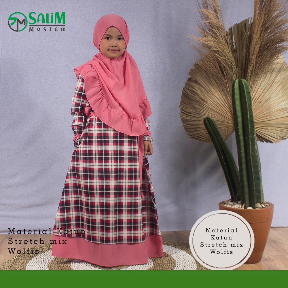 Salim Moslem – Baru Dan Original- Busana Muslim/Gamis Anak Syari Set Kerudung Motif Kotak