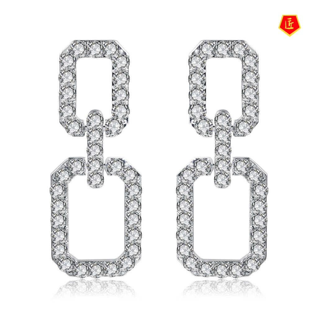 [Ready Stock]Luxury Geometric Ear Studs Micro-Inlaid Full Diamond Necklace