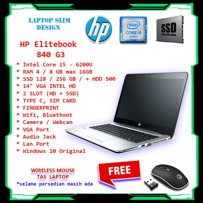 LAPTOP HP ELITEBOOK 840 G3 INTEL CORE I5 RAM 16 GB SSD 256 GB TERMURAH