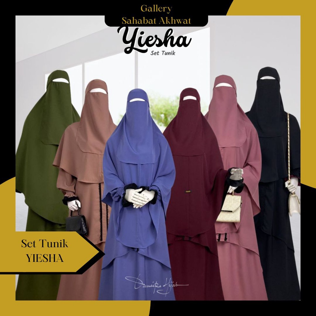 YIESHA SET TUNIK (Tunik + Rok + Jilbab Free Cadar Bandana) by DAMAIRA klambieakhwat BISA COD | bahan Wollpeach wolfis grade A busui friendly manset tangan smoke layer renda rajut khimar nonpad