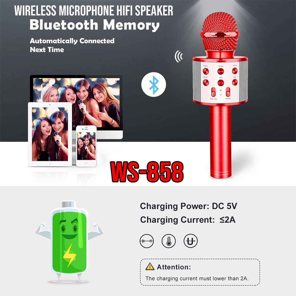 Speaker Microphone Karaoke Mikrofon Wireless Bluetooth WSTER WS-858 Mic Smule