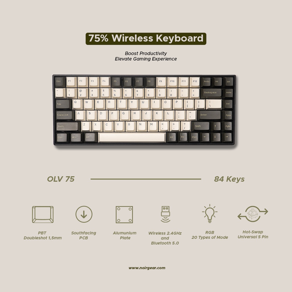 Noir OLV75 Mechanical Gaming Keyboard 75% Wireless Bluetooth