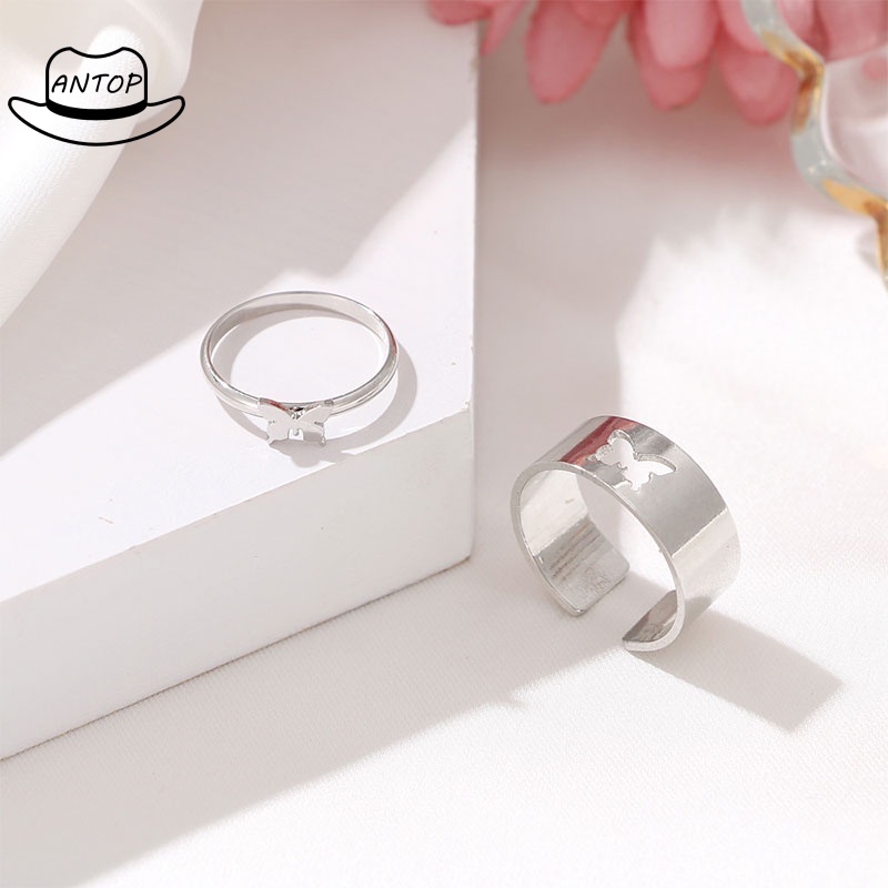 2pcs / Set Cincin Desain Kupu-Kupu Hollow Gaya Retro Untuk Pasangan ANTOP