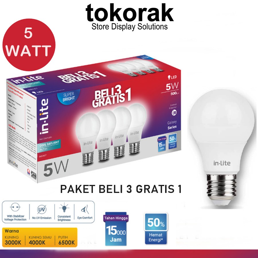 LAMPU BULB IN-LITE 3 GRATIS 1 PUTIH - PAKET BOHLAM LED 5 7 9 11 12 WATT