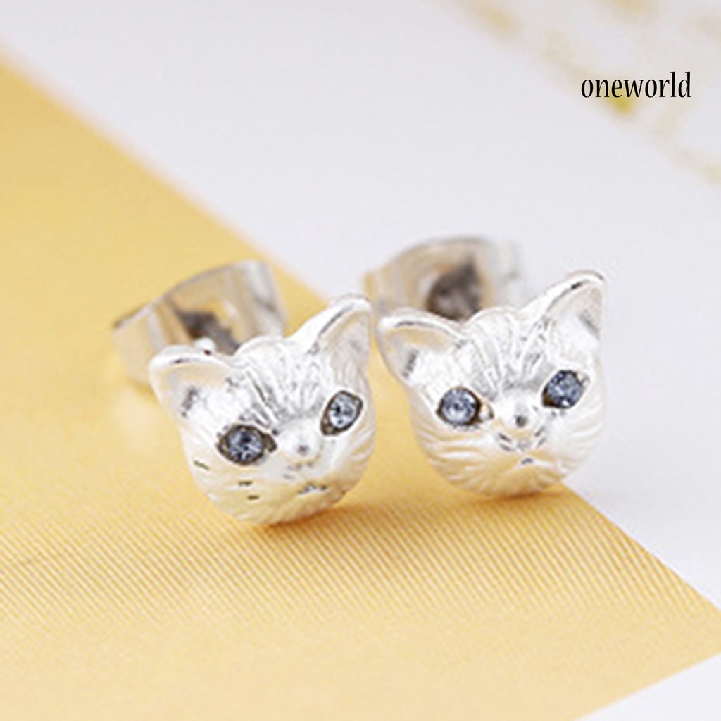 OW@ 1 Pair Women Cute Cats Head Rhinestones Inlaid Ear Studs Earrings for Party Club