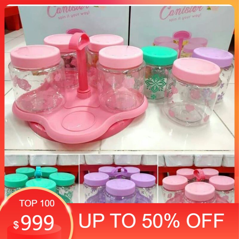 Keren Toples Plastik Putar Technoplast Hanna Spin Canister Set Toples Warna Cantik Untuk Kue Lebaran