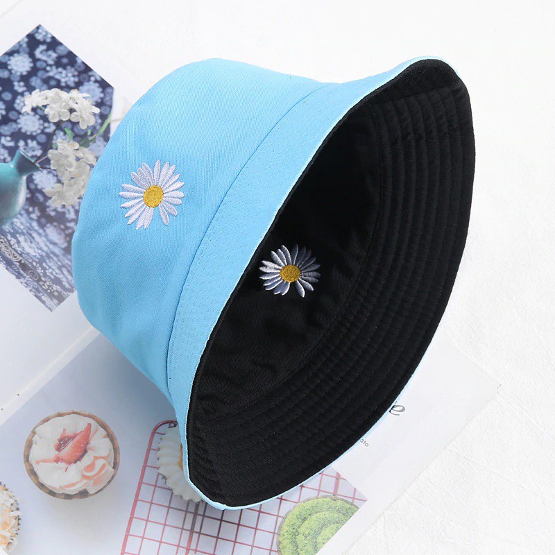 Topi Bucket dewasa Dua Sisi  Motif Bordir Bunga Daisy Bahan Drill premium / Bucket Bordir Bunga