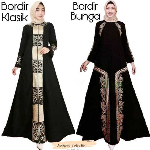 Abaya Gamis Arab Hitam Bordir Busui Klasik & Bunga Jetblack Polos