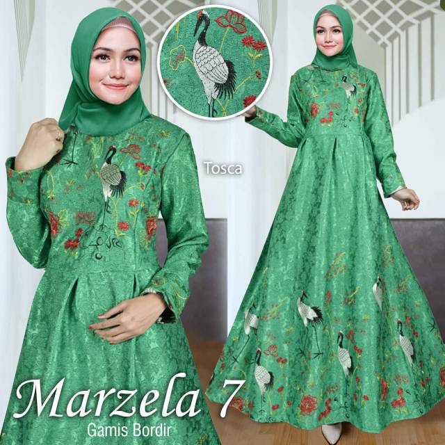 Marzela 7 maxi bahan jaguard glitter motif buruung dan bunga