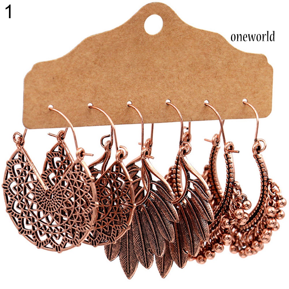 OW# 3Pairs Boho Gypsy Women Feather Round Hollow Dangle Hook Earrings Party Jewelry