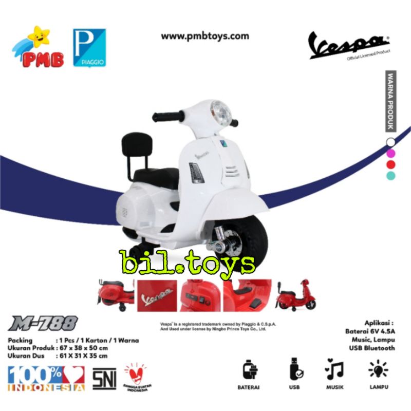 MAINAN ANAK MOTOR AKI ACCU VESPA SCOOTER VINTAGE CLASSIC PMB M788 M-788 LISENSI RESMI VESPA