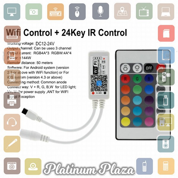 Mini Wifi Controller + 24Key IR Remote Lampu LED RGB - White`E3MEQK-