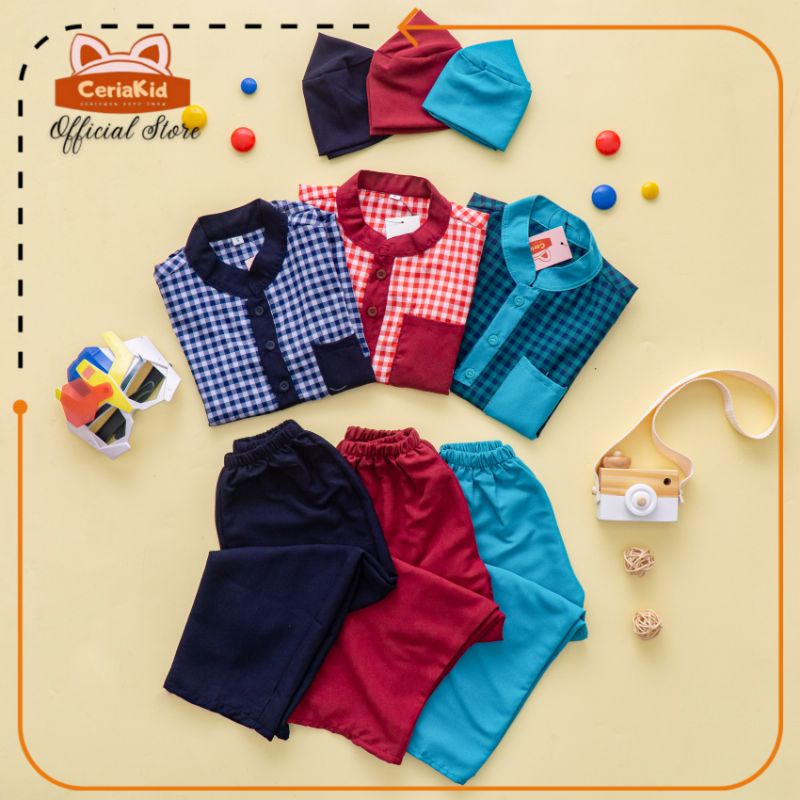 [Ceriakid] Baju Koko Anak Setelan Celana Peci Motif Kotak Kecil