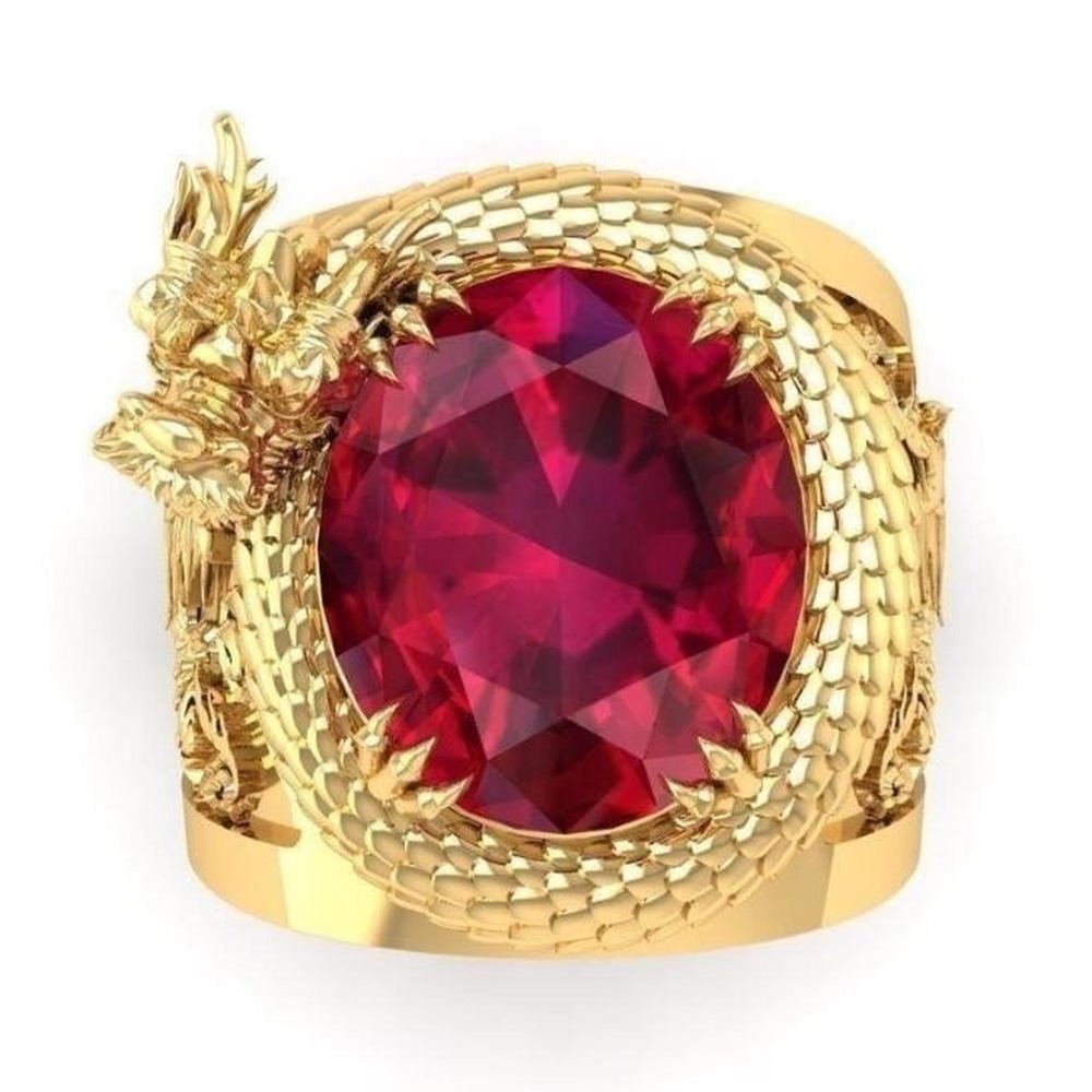 Cincin Naga Emas Perak Baja Titanium Ruby Pria Kristal Berlian Merah Rings