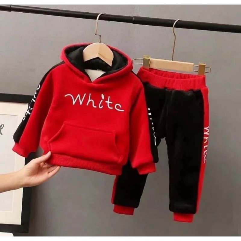 setelan hoodie whitc bahan atasan dan bawahan flece