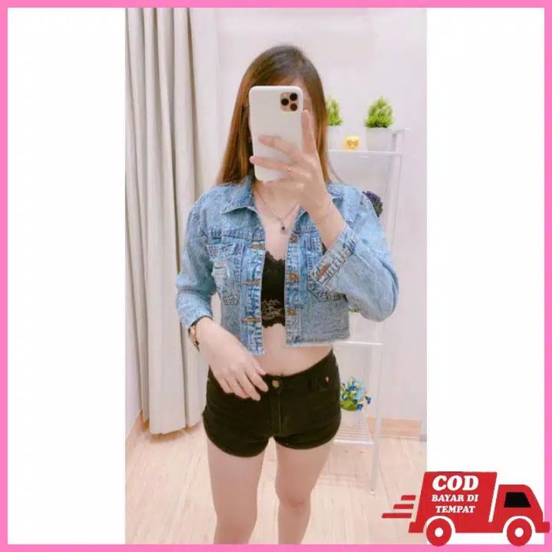 Jaket Jeans Wanita Model Crop Kantong Sobek Reylin