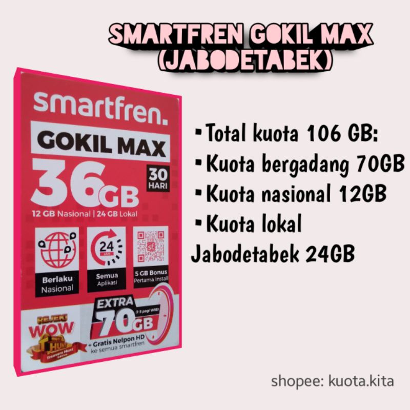 (kirim kode via chat) Voucher Kuota Smartfren GOKIL MAX 9GB 21GB 36GB 30 Hari/ Paket Data Vocher Sma