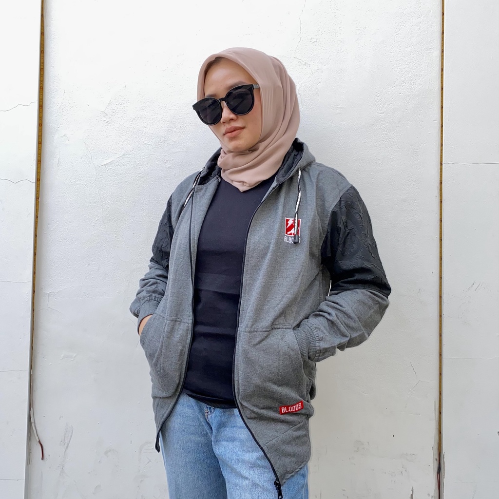 Jaket Sweater Zipper Bordir Kombinasi Qwilting ABU TUA BLDS