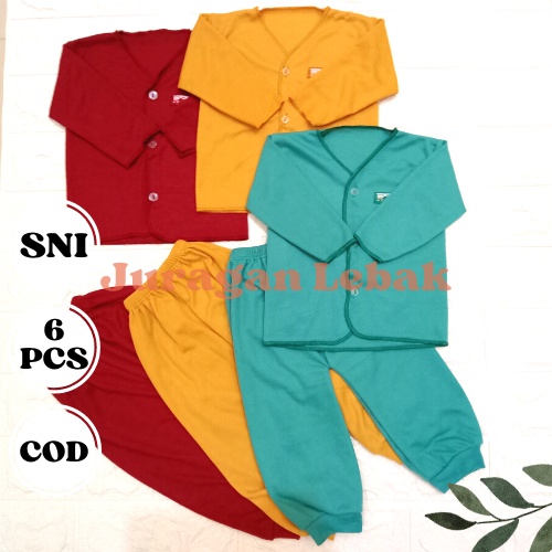 Promo, 6Pcs SNI, Setelan Baju tangan panjang Bayi Baru Lahir seri merah maroon, kuning busuk dan hijau tosca- Juragan Lebak