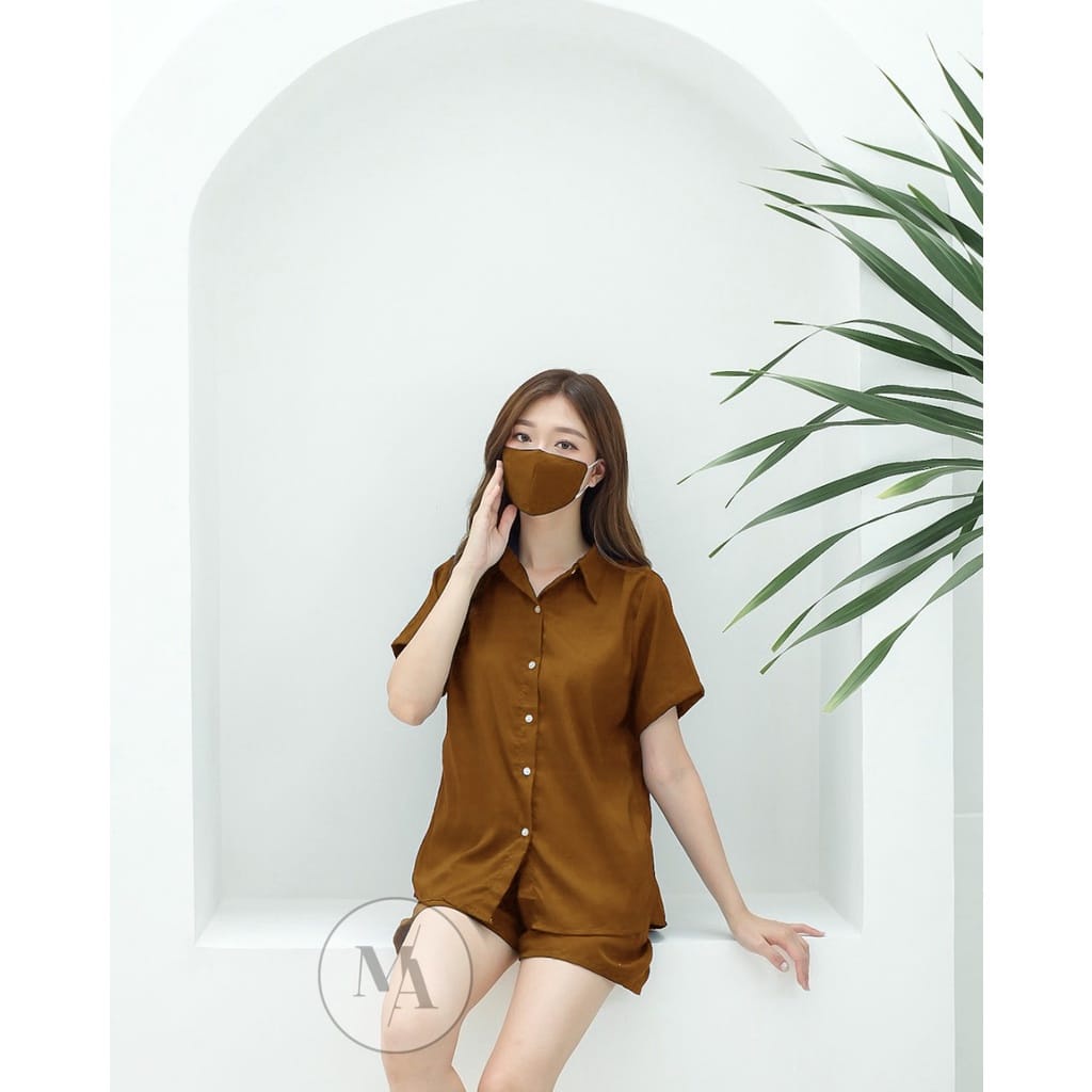 daily set  One set strady basic / setelan kemeja wanita polos/baju santai/pajama gradasi-bronze