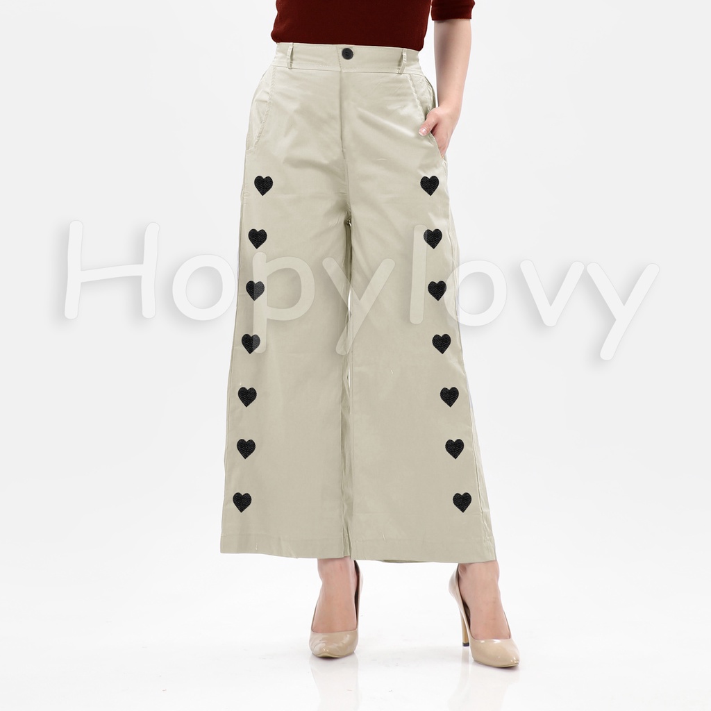 HOPYLOVY - Celana Kulot Wanita Bahan Katun American Drill Bordir Love Ginata