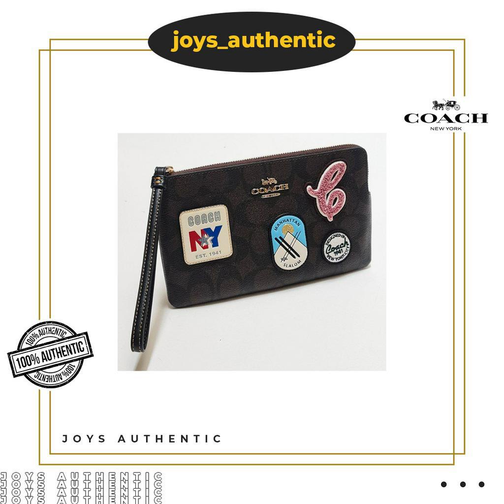Dompet Wanita Coach CF457 LG Corner Zip Ski Patches Coklat Brown Hitam Black Multi Women Wallet Auth
