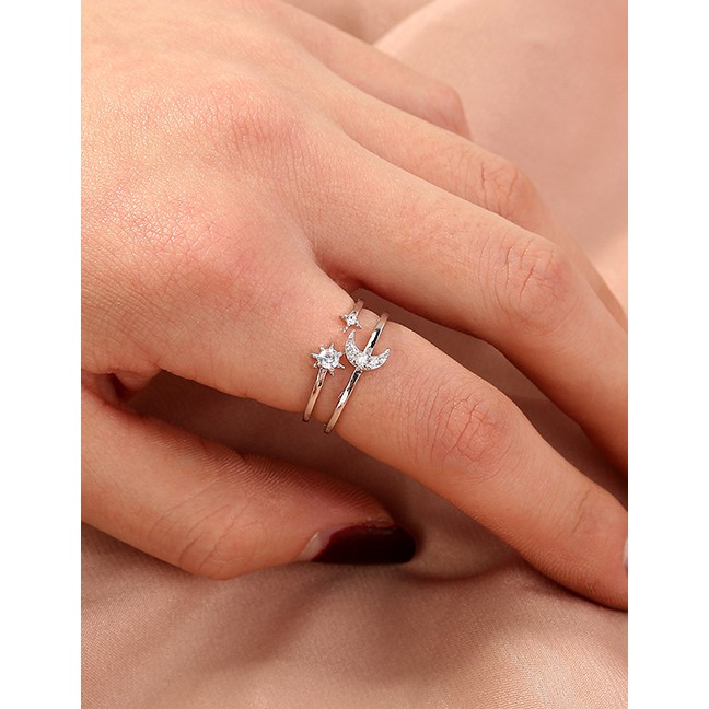 LRC Cincin Fashion Silver Color Micro-set Zircon Moon Adjustable P83191