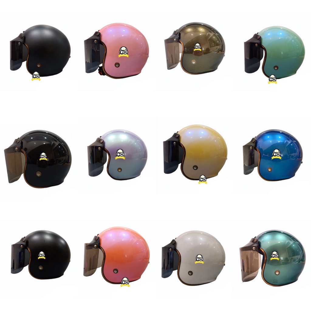 Helm Retro List Chrome Helm Bogo Half Face SNI Free Kaca Flat